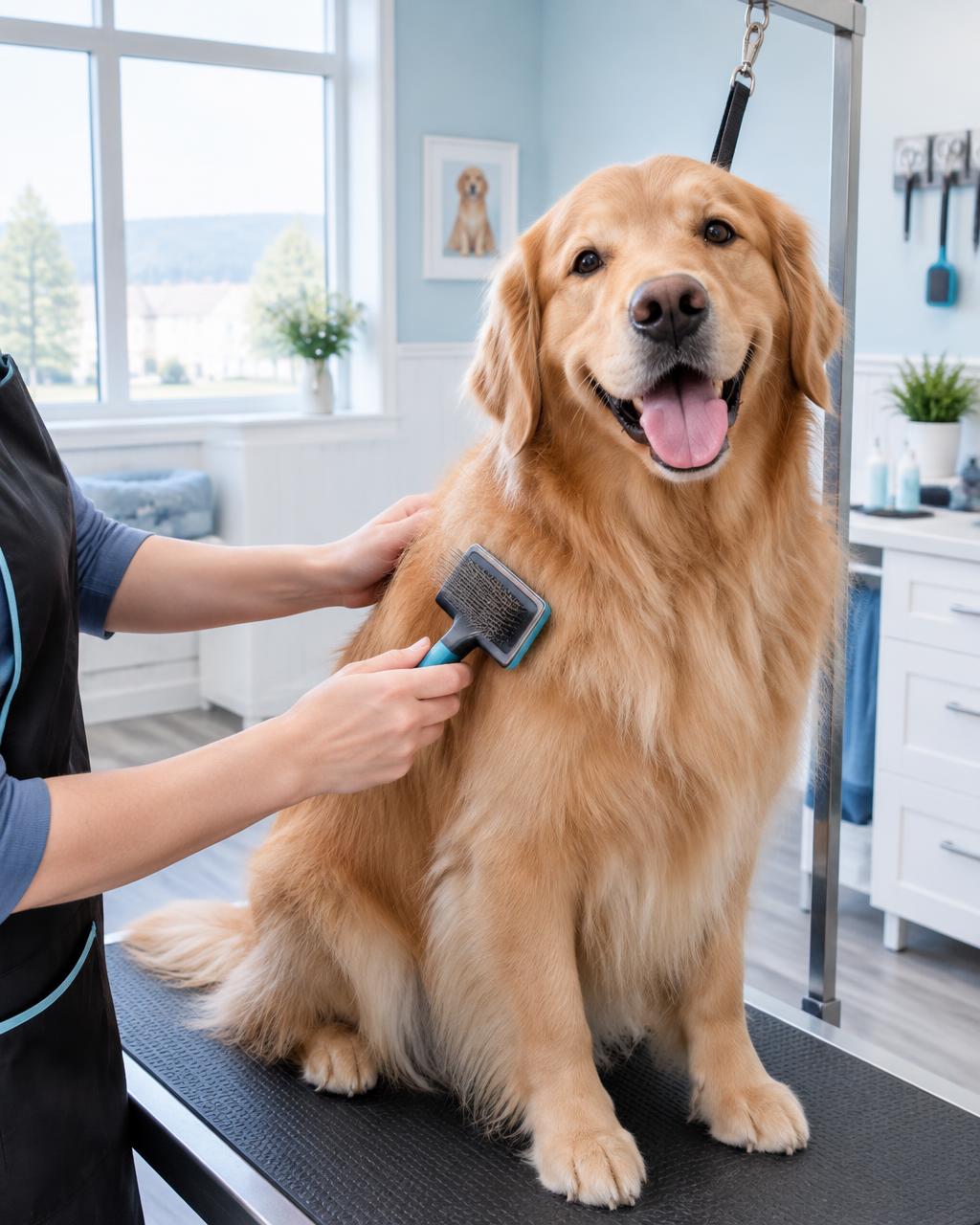 A golden retriever being brushed in a bright grooming studio
